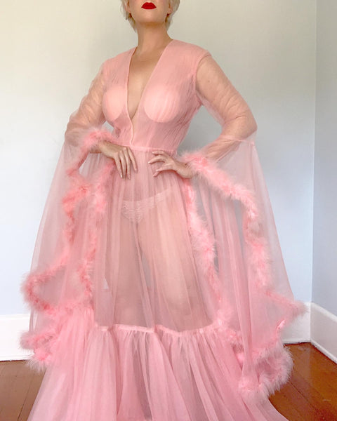 Custom Made Vintage Pink Chiffon To-Die-For Boudoir Gown with Marabou Trim