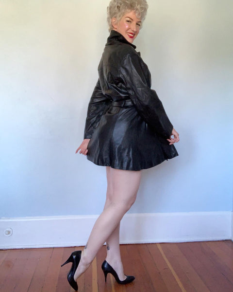 Killer 1980s Supple Leather Motorcycle Princess Coat / Mini Dress with Belt