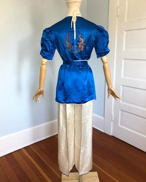 1930s Chinese Hand Embroidered Silk 4 Piece Lounging Pajama Set by "Moorson"