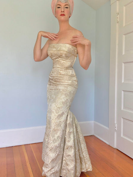 1980s does 1950s Metallic Gold Brocade Evening Gown by “Victor Costa”