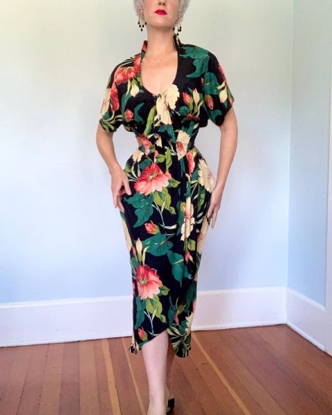 1980s does 1940s “Karen Alexander” Cold Rayon Draped Sarong Dress