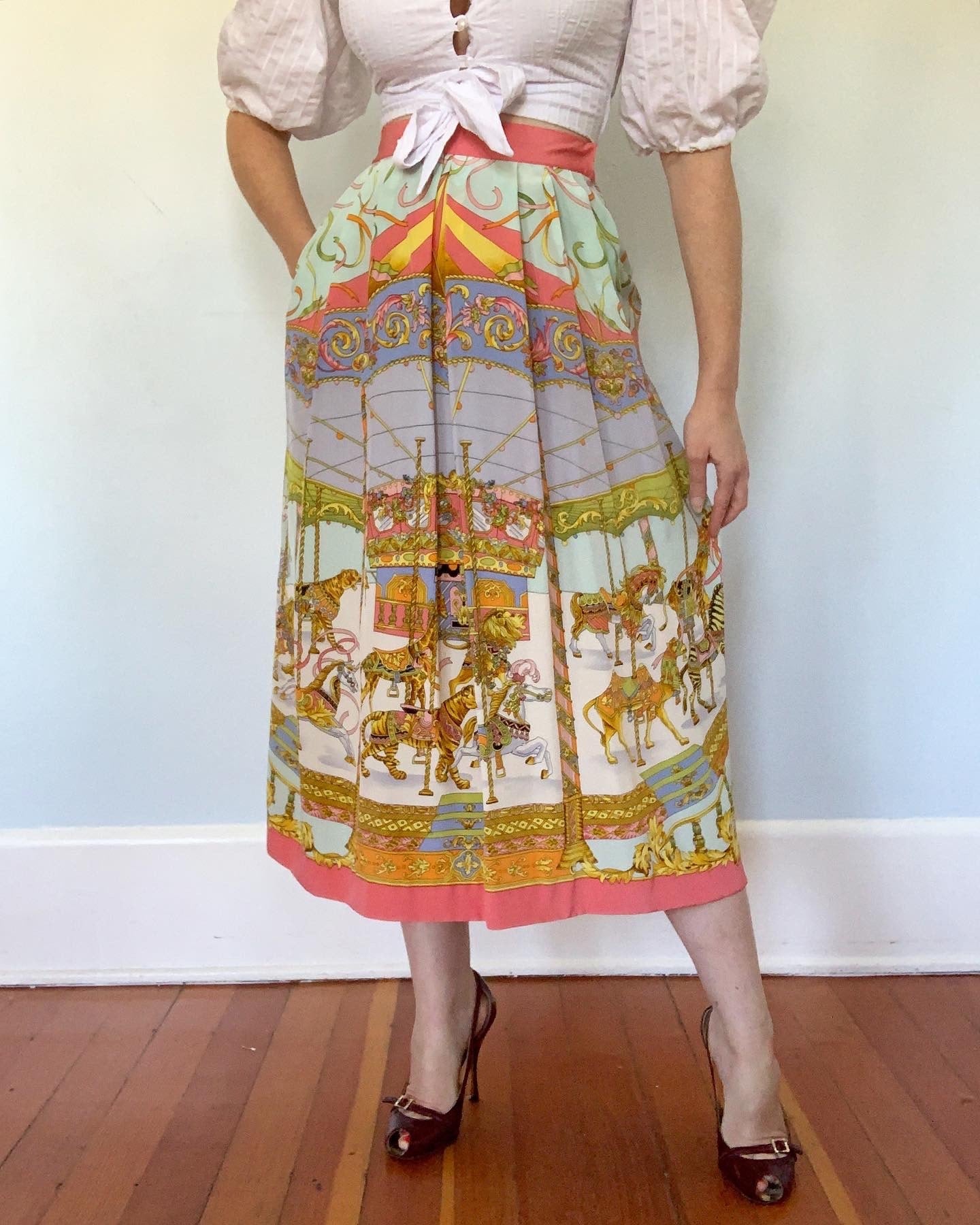 1980s Animal Carousel Merry-Go-Round Novelty Print Pleated Midi Silk Skirt with Pockets by "Jerri Sherman Collection"