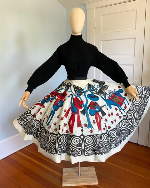 Rare 1950s Hand Printed Mariachis & Donkey Theme Taffeta Circle Skirt