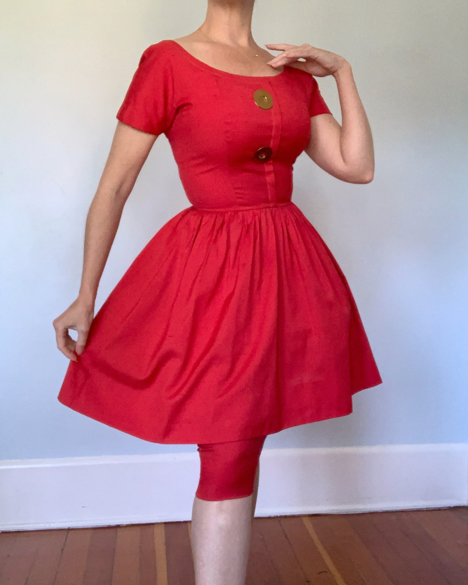 1950s Couture-Inspired Raw Nubby Cotton Hourglass Cocktail Dress with 3D Over-Skirt by "Gigi Young New York"