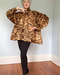 1980s “Norma Kamali” Chenille Velvet Tiger Print Trapeze Coat