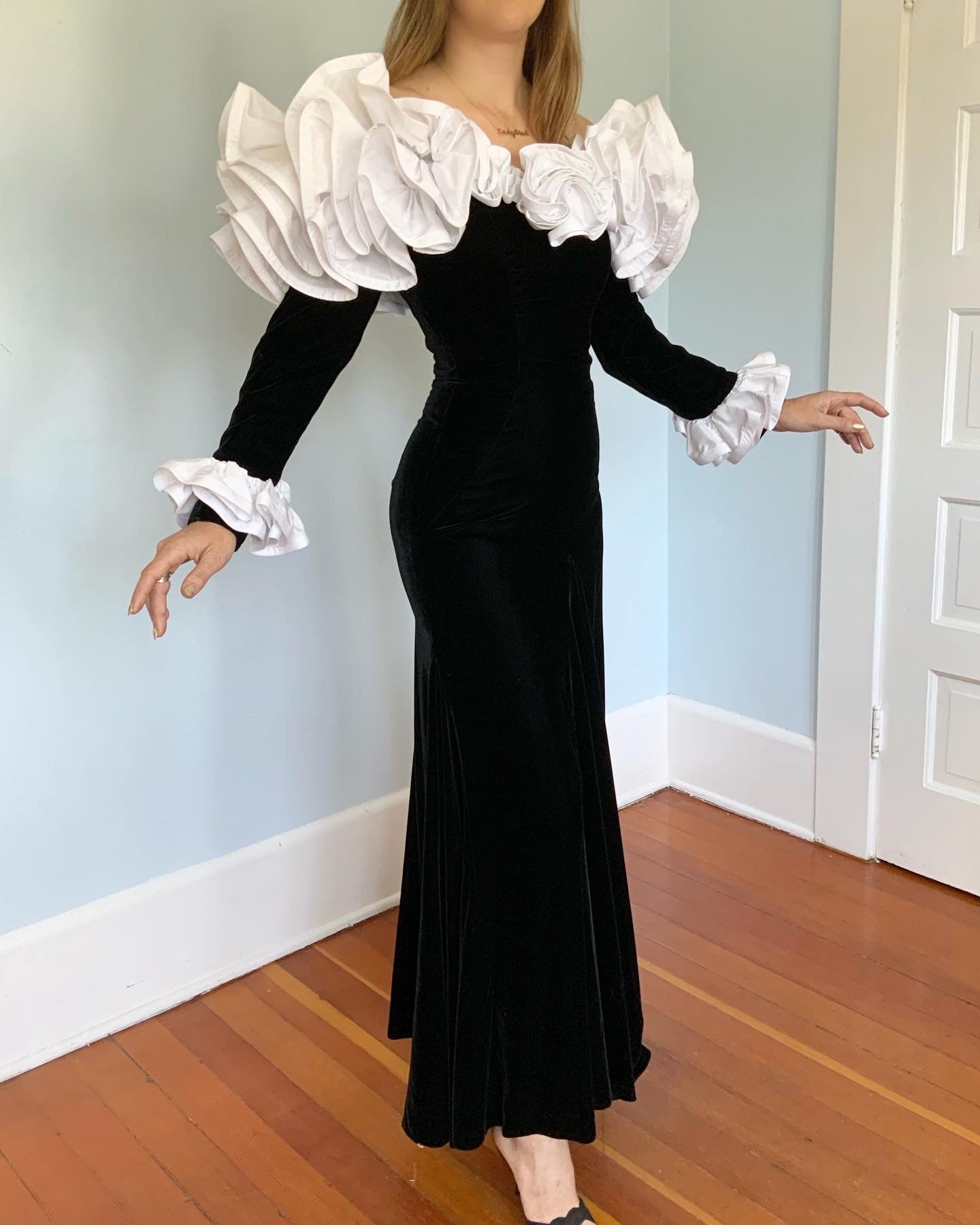 lillie rubin evening dresses 1960s Lillie Rubin Black Sequin Evening Gown with Feather Cuffs