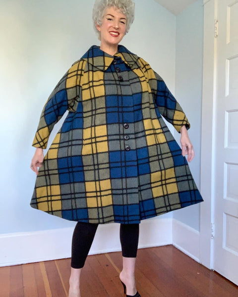 Late 1950s Mondrian Style Plaid Wool Extreme Trapeze Coat by "Cuddle Coat of New York & Montreal"