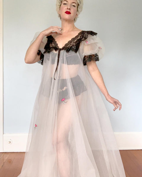 1950s "Lucie Ann Lingerie Beverly Hills" Sheer Soft Tulle with Lace Extreme Trapeze Peignoir Glamour Robe