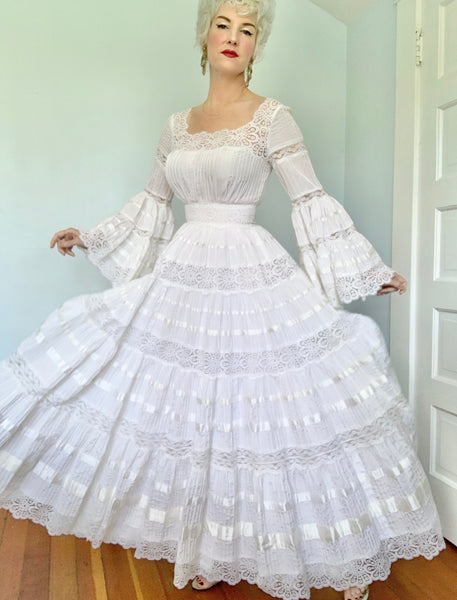 Gorgeous 1960s Pintuck Pleated Cotton Mexican Wedding Dress w/ Lace Detailing & Huge Angel Sleeves