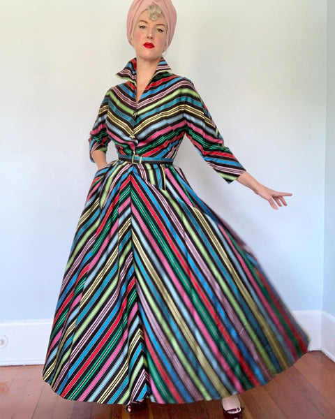 1940s Rainbow Candy Striped Satin Dressing Gown with Belt by "Maxan"