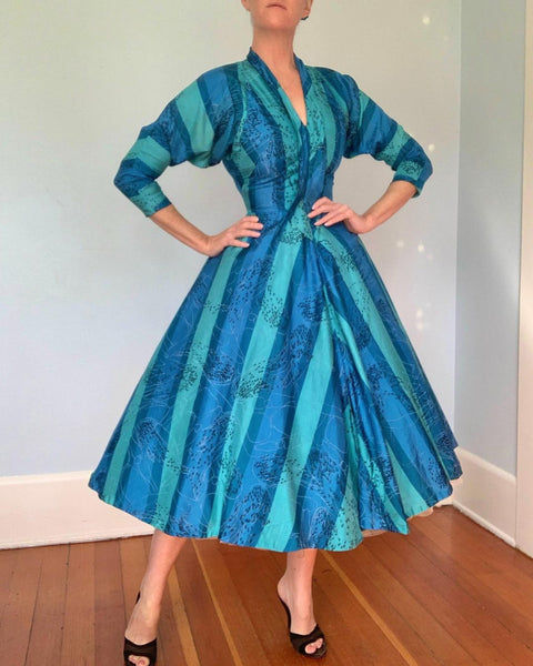 Custom Made 1950s Silk “Time Flies” Day Dress