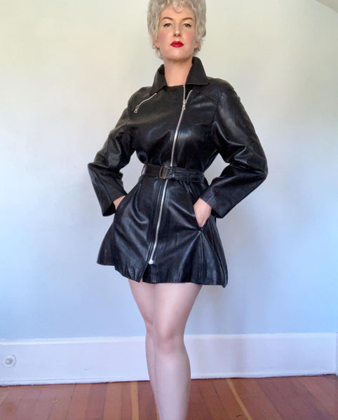 Killer 1980s Supple Leather Motorcycle Princess Coat / Mini Dress with Belt