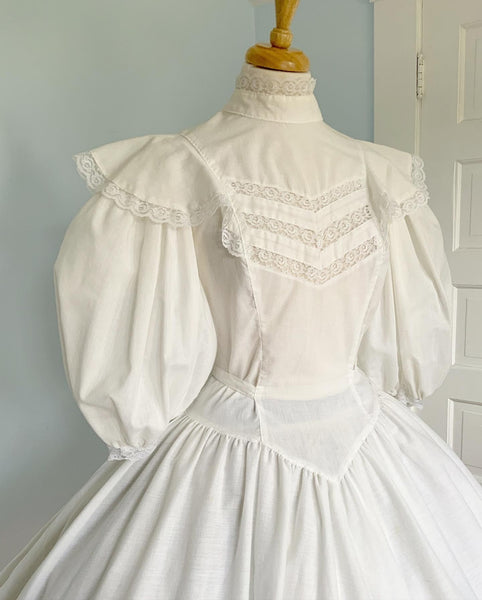 1980s Soft Cotton Victorian Inspired Party Dress with Huge Balloon Sleeves & Tie Belt
