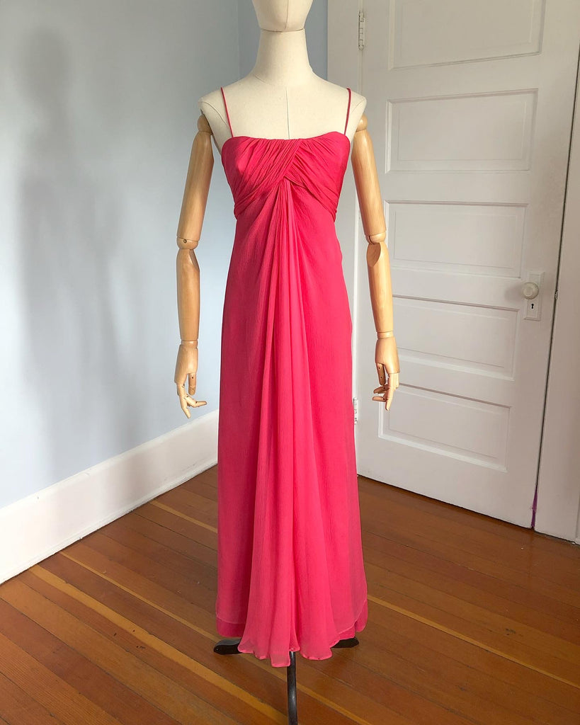Red and Fuchsia Pink Silk Chiffon Asymmetrically Draped Couture