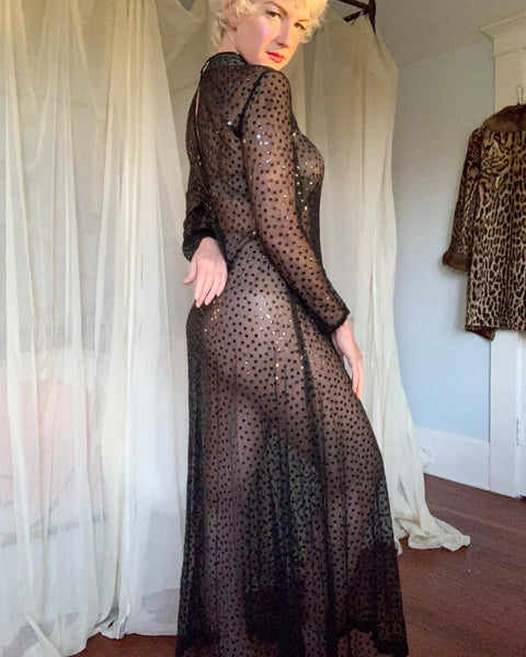 1960s Sheer Sturdy Mesh Trapeze Maxi Gown Covered in Hand Sewn Sequins with Matching Slip