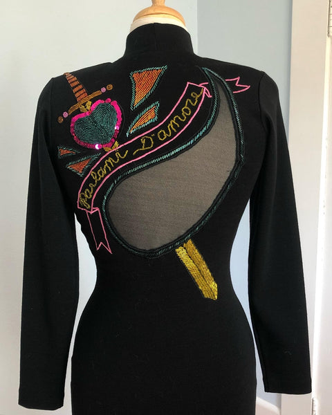Killer 1980s Hand Beaded "Parlami d'Amore" Bodycon Stretch Wool Mini Dress w/ Cut-Outs