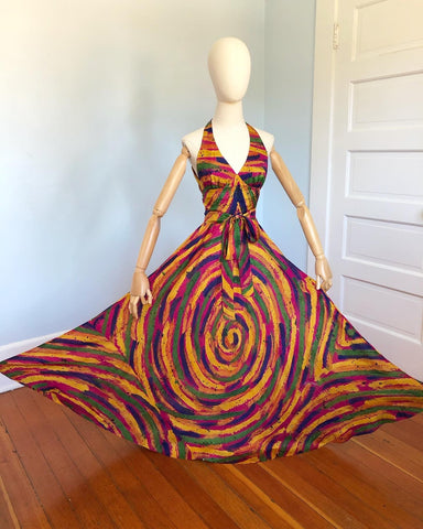 French Couture 1960s Designer "Y.P. Dubois" Silk Psychedelic Halter Gown with Tie Belt