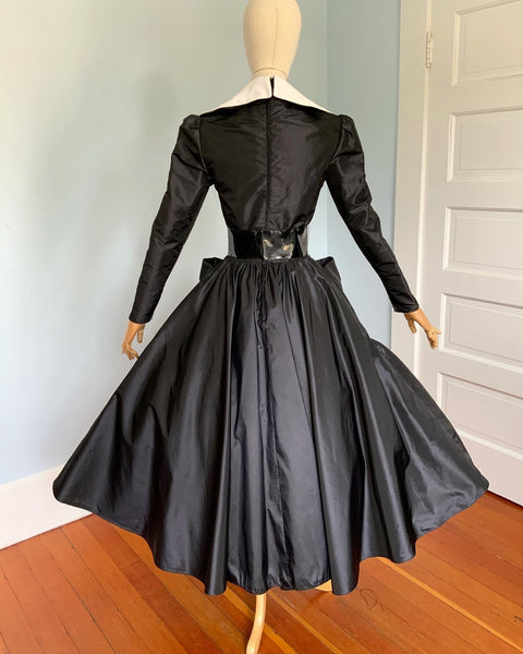 Custom 1970s does 1950s Rare "Victor Costa" Sample Piece Taffeta Party Dress with Huge Cotton Pique Collar, Pockets, & Wide Patent Leather Belt