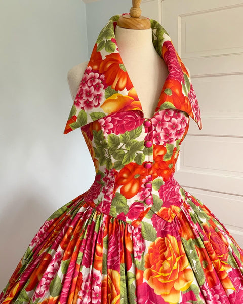 1980s does 1950s “Victor Costa for Neiman Marcus” Polished Cotton Floral Party Sundress