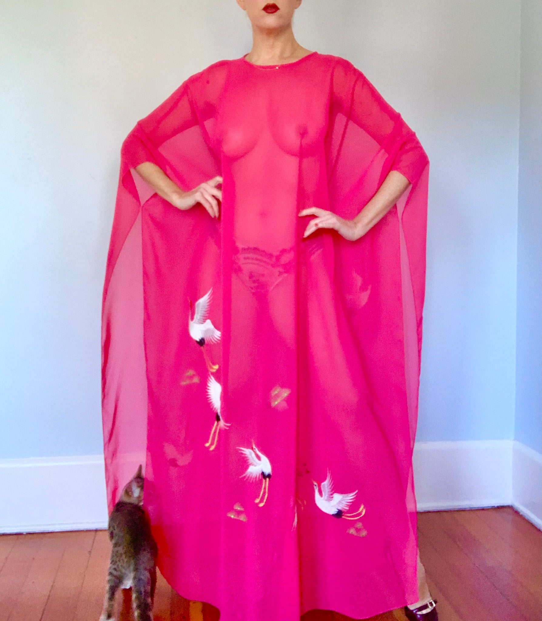 1970s Sheer Chiffon Caftan with Embroidered Cranes & Matching Underdress