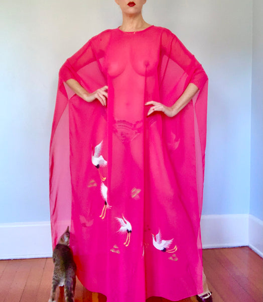 1970s Sheer Chiffon Caftan with Embroidered Cranes & Matching Underdress