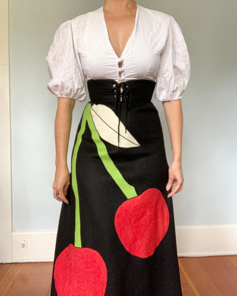 1970s Wool Felt Maxi Skirt with Huge Cherries Applique & Lace Up Corset Waist by "Trivia by Charm of Hollywood"