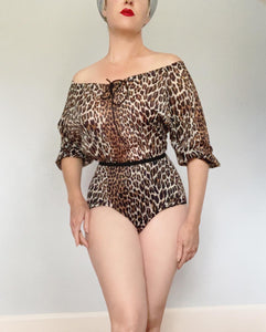 1950s Silky Leopard Print Nylon Jersey Peasant Blouse and High Waisted Panties by "Vanity Fair"