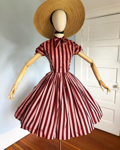 1950s "Anne Fogarty" Striped Woven Polished Cotton Day Dress with Pussy Bow Neckline & Tie Sleeves