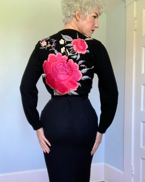 Stunning 1950s Hand Embroidered Cashmere Sweater w/ Huge Roses by “Dalton Cashmere for Perfect”