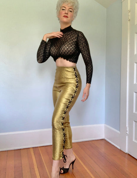 1980s Designer “Jean Paul Gaultier Junior” Metallic Gold Lurex Stretchy High Waisted Cigarette Pants w/ Lace Up Legs