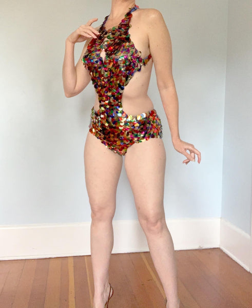 Wild 1960s Rainbow Metallic Paillettes Monokini Swimsuit by "Sears"