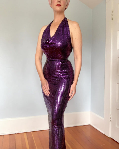 1970s "Wet Look" Fully Sequined Hourglass Marilyn Monroe Style Gown by "Lillie Rubin"