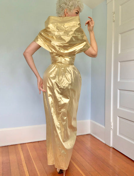 1980s does 1940s Glamour Metallic Gold Liquid Lamé Strapless Evening Gown w/ Detachable Wrap