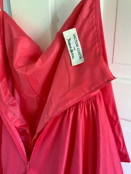 1980s does 1950s “Victor Costa” Flamingo Pink Polished Cotton Reverse Halter Sundress