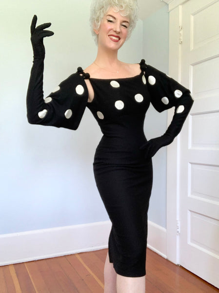 Custom Made 1950s Wool Jersey Hourglass Cocktail Dress w/ Attaching Shoulder Length Gloves by “Allie Mae”