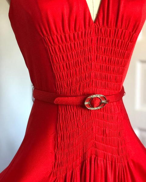 1970s Designer "Boutique Donald Brooks" Ruched Jersey Halter Gown with Belt