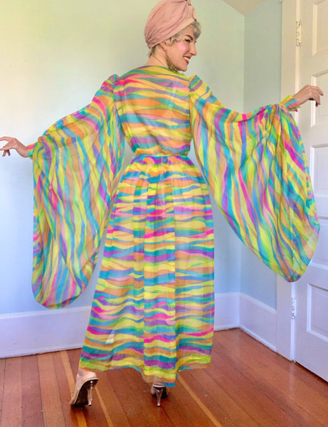 Custom Made 1960s Sheer Psychedelic Chiffon Gown w/ Huge Lantern Sleeves