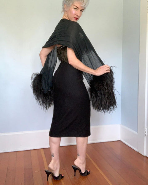 1950s Bombshell Wool Jersey Hourglass Cocktail Dress & Silk Chiffon Shawl Trimmed in Ostrich Feathers