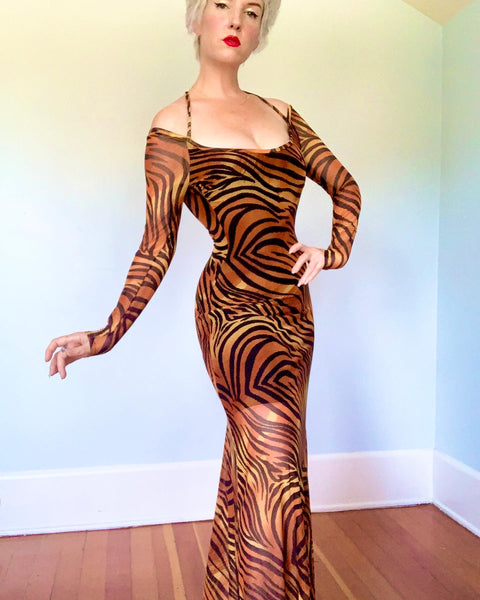 1990s “Tadashi” Tiger Stretch Sheer Mesh Gown