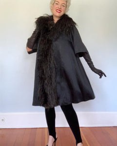 1950s Matte Satin Dramatic Trapeze Coat Trimmed in Ostrich Feathers