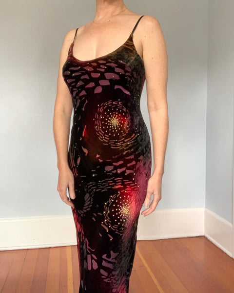 1990s Outer Space Galaxy Motif Burnout Silk Velvet Bias Cut Evening Gown by "Cache"