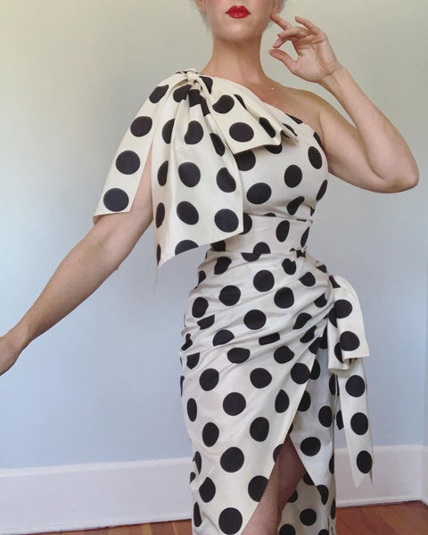 1950s Custom Made Silk Polka Dot One Shoulder Wrap Style Cocktail Dress w/ Huge Bow Details