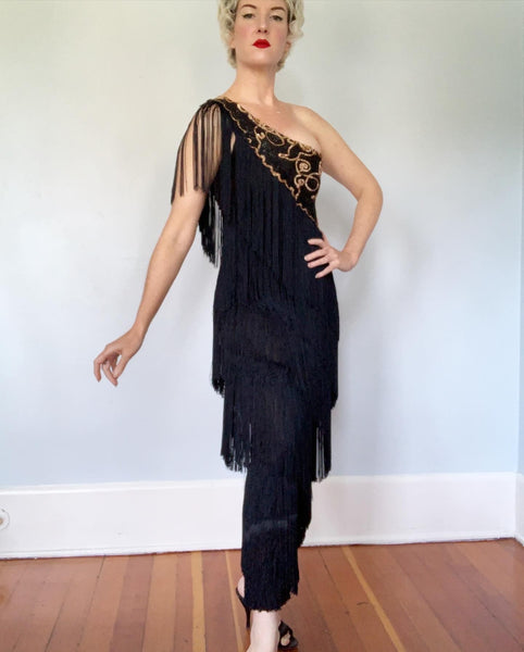 French Couture 1960s Silk Jersey One Shoulder Fully Fringed Hourglass Evening Gown with Sequined Bodice