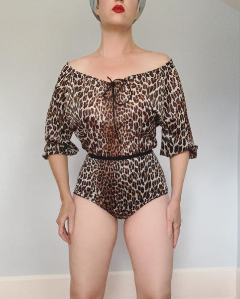 1950s Silky Leopard Print Nylon Jersey Peasant Blouse and High Waisted Panties by "Vanity Fair"