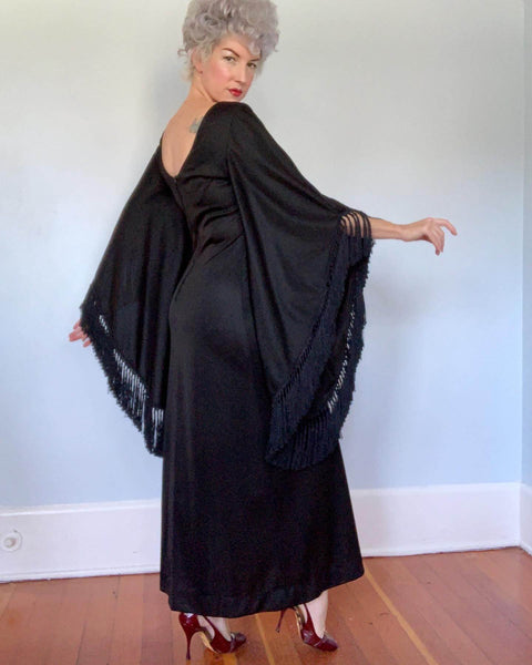 1960s "Lilli Diamond of California" Gown w/ Huge Tassel Fringe Trimmed Kimono Sleeves