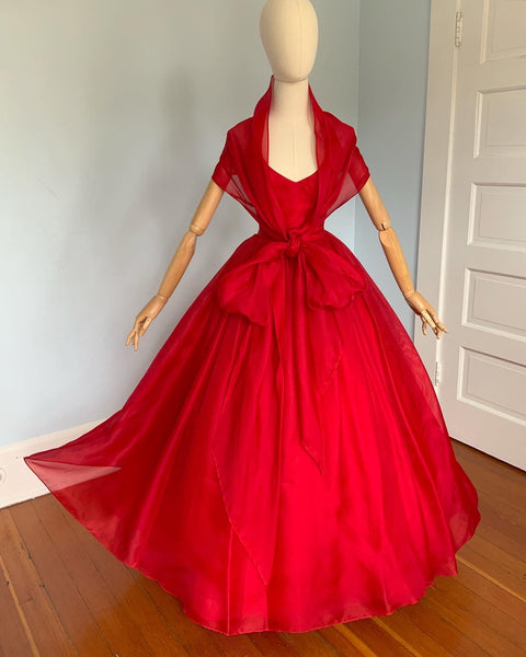 Couture 1970s Lipstick Red Silk Gazar Evening Gown with Huge Skirt and Matching Long Shawl