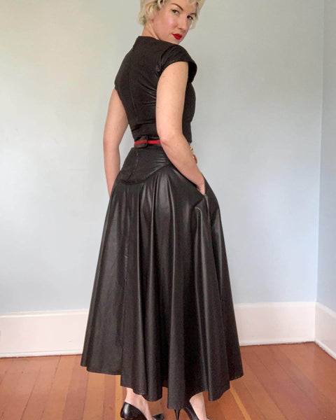 1980s “Betsey Johnson” Punk Label Wet / Leather Look Polished Cotton Full Circle Skirt Maxi Dress