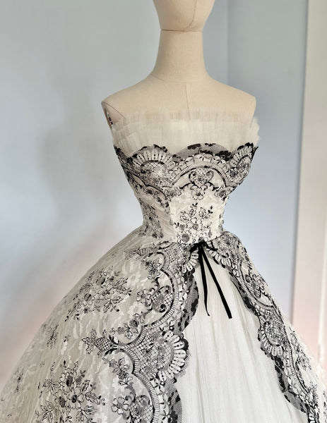 1950s Flocked Velvet & Tulle Party Dress