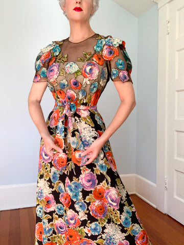 Rare Custom Made Late 1930s Silk Illusion Gown with Belt