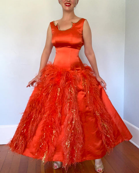 Custom Made 1960s Orange Raw Silk Gown with Ostrich Feather & Gold Tinsel Trim
